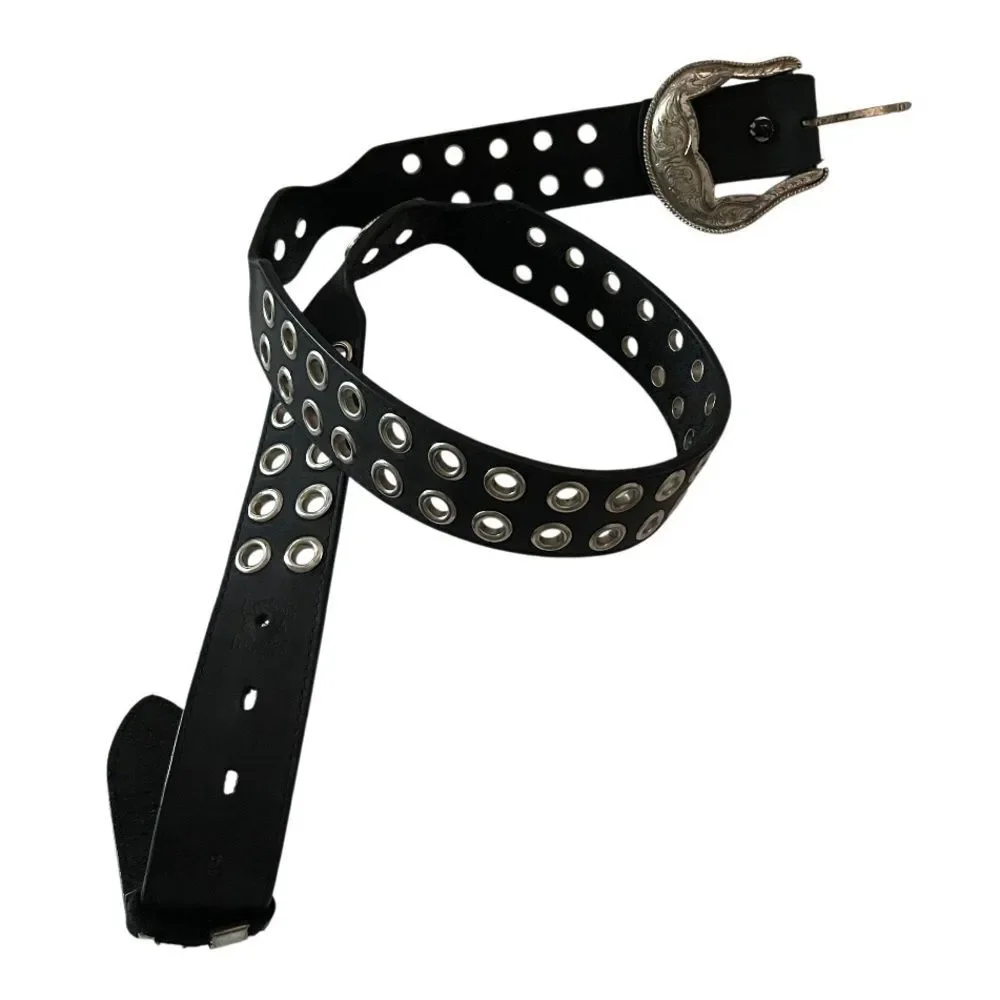 CINCH Western Black Leather Belt Grommet Studs Metal Logo Plate Removable Buckle